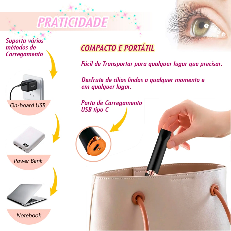 Curvador Modelador de Cilios Eletrico Recarregavel Portatil De Bolso USB Tipo C Chapinha Aquecido Temperatura Cilios Grandes Curvados Curvex