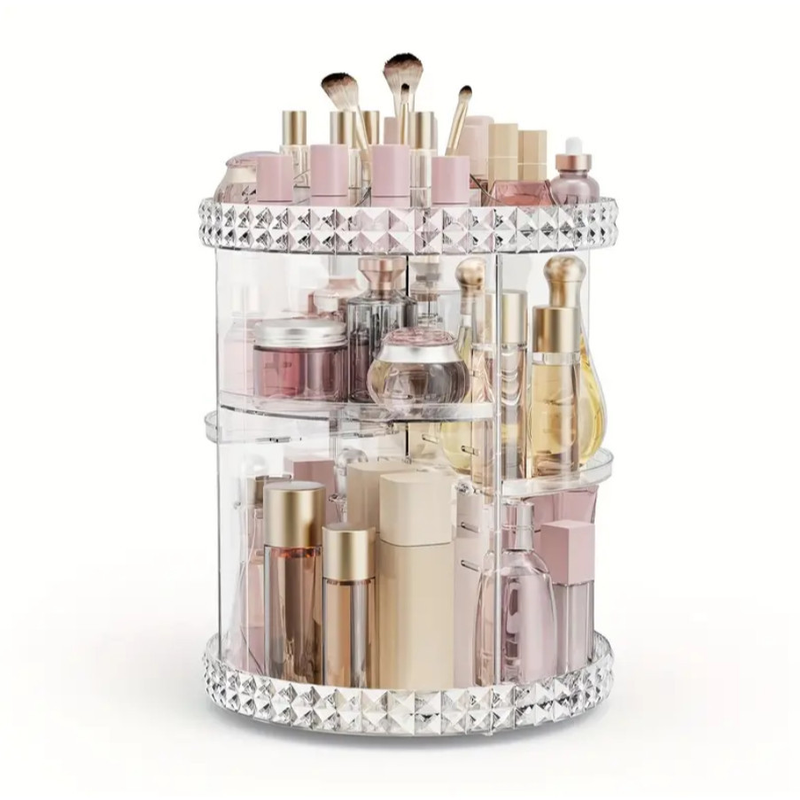 Kit De Organizador De Cosmético Maquiagem Acrílico Giratório 360º + Organizador Acrílico Porta Algodão E Cotonete 2 Em 1 Multifuncional